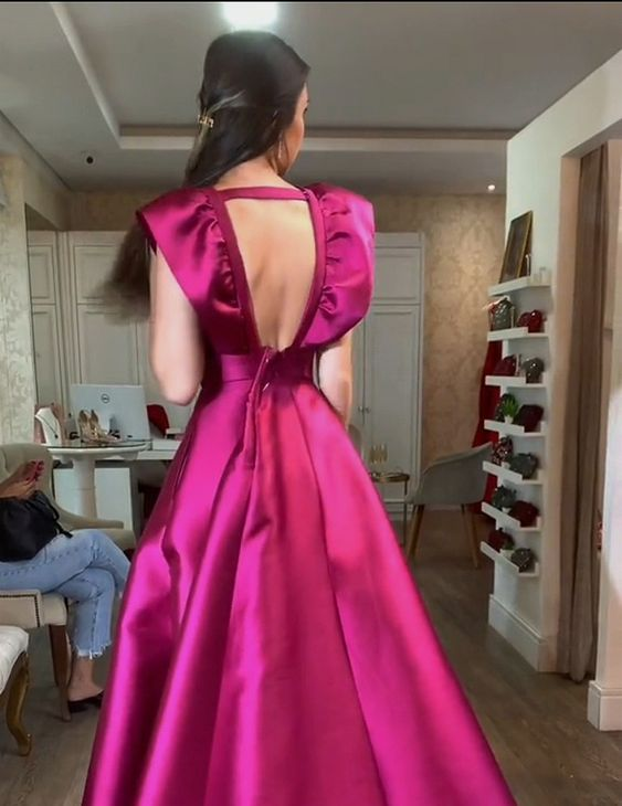 Romantic Formal Evening Dresses Simple Evening Dress Deep V Neck Long Dress Lady Girl Satin Prom Dress
