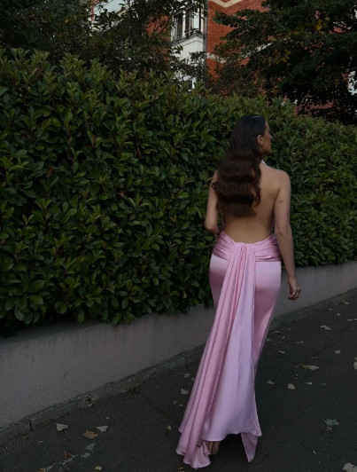 Classy Halter Pink Satin Long Party Dress Formal Bridesmaid Dress