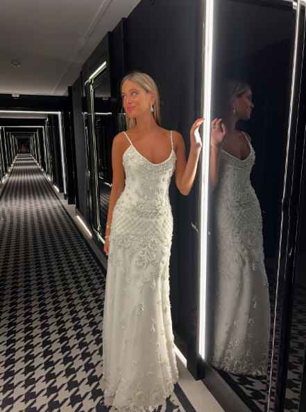 Elegant Spaghetti Straps Satin Tulle Beaded Long Party Dress Evening Dress