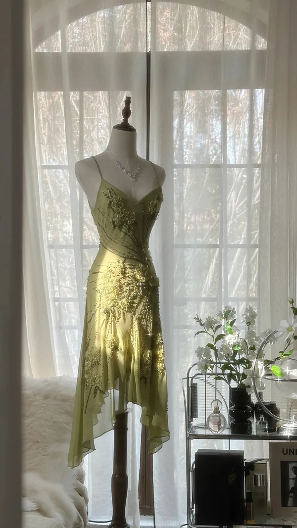 Vintage Green Chiffon Beaded Birthday Dress Homecoming Dress