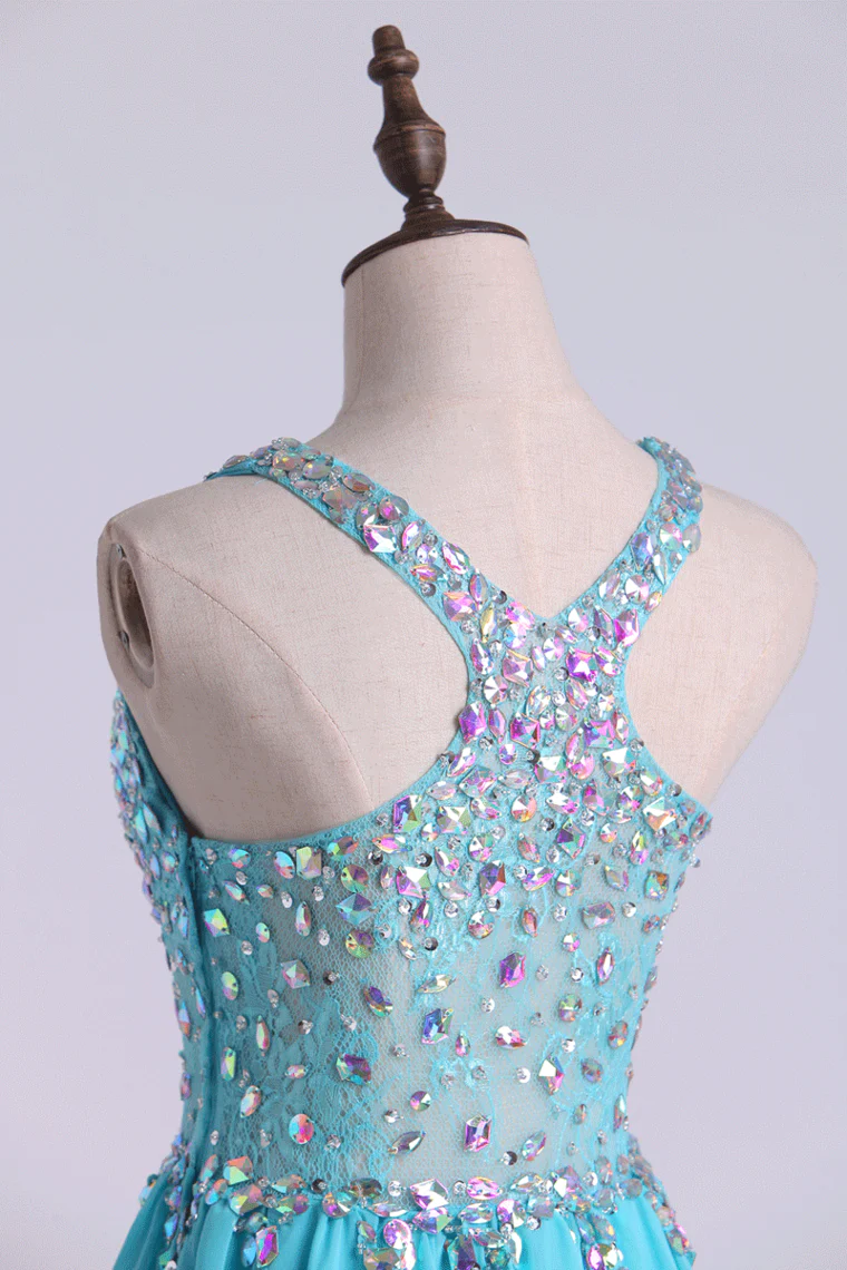 Blue Short Halter A Line Homecoming Dresses Lace&Chiffon Beaded Bodice