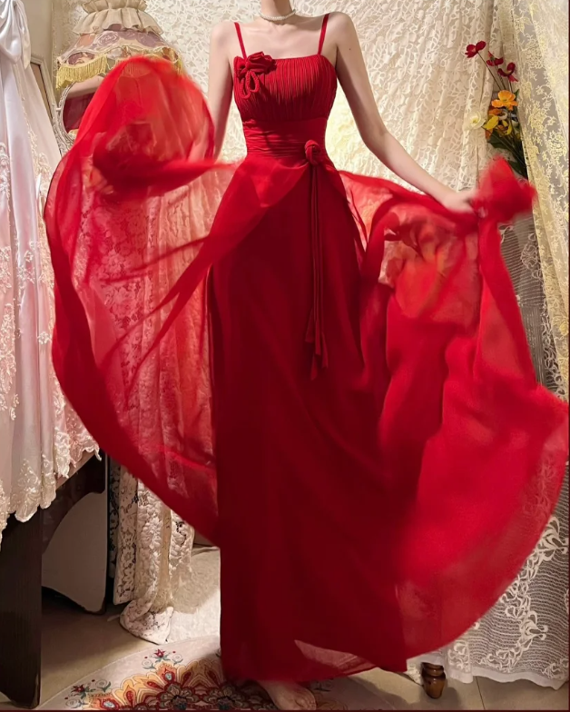 Charming Spaghetti Straps Red Chiffon A Line Long Wedding Guest Dress Evening Dress Dress