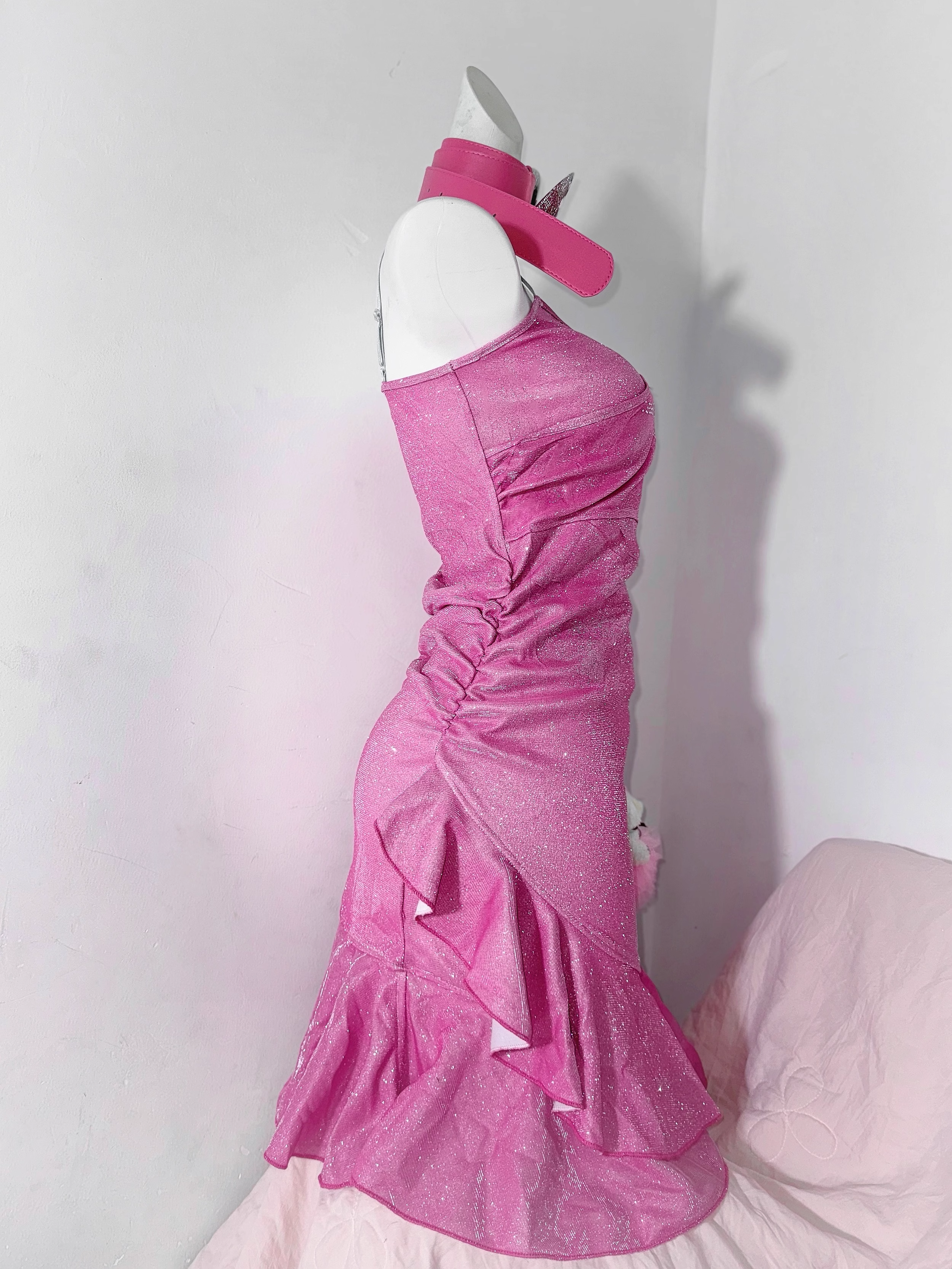 Pretty Pink Ruffles Birthday Outfits Spaghetti Straps Graduation Homecoming Dress