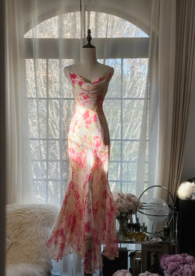 Glamorous Spaghetti Straps Chiffon Print Floral Mermaid Evening Dress Pink Long Party Dress