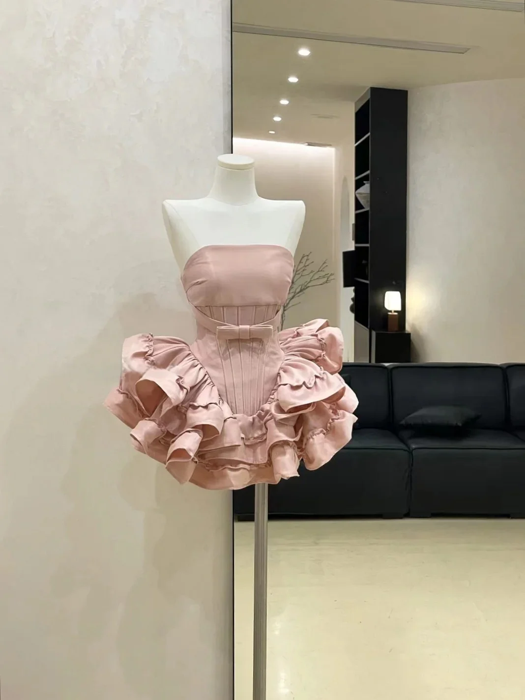 Classy Strapless Satin Ruffles Pleated Short Party Dress Black Homecoming Dress