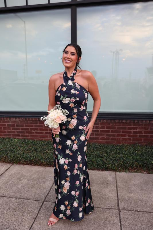 Classy Black Halter Satin Print Long Evening Dress,Formal Prom Party Gown