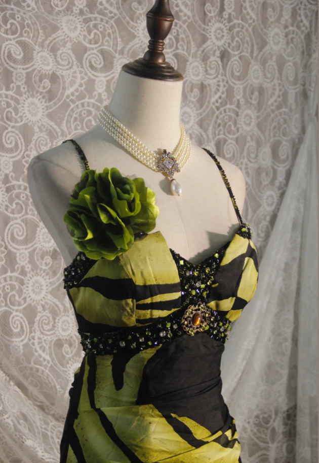 Unique Spaghetti Straps Green Chiffon Beaded Mermaid Long Prom Dress Evening Dress