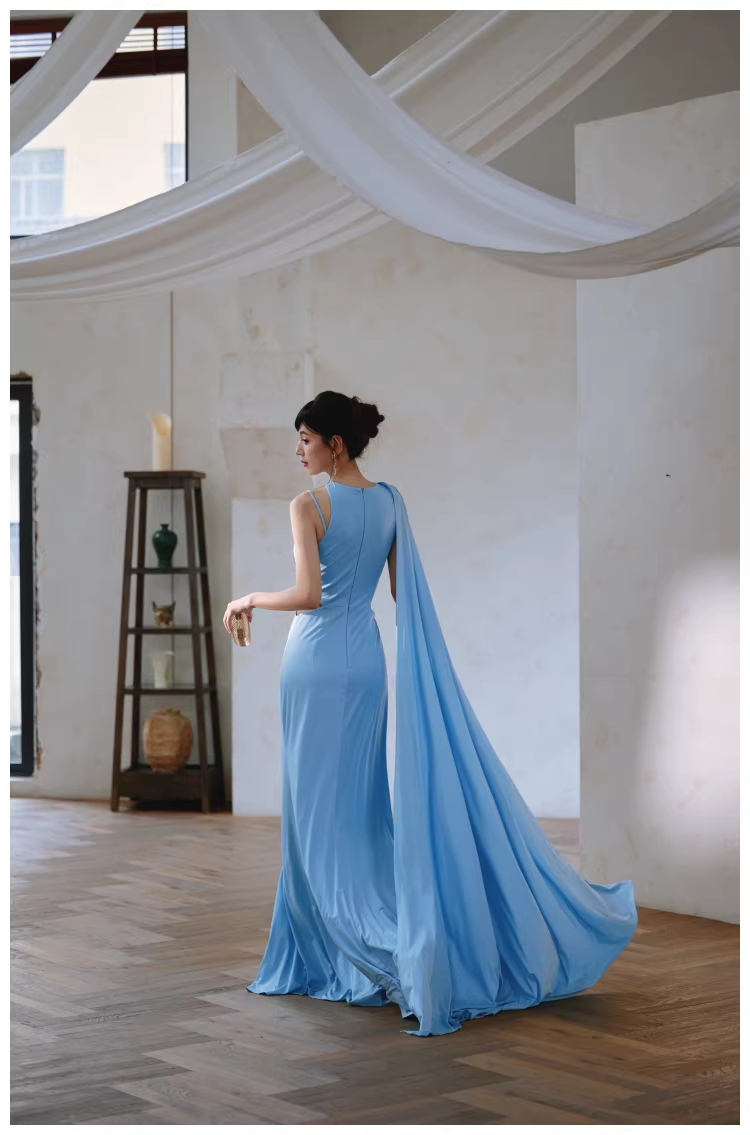 Sexy Blue Satin Slit Mermaid Long Prom Dress Evening Dresses