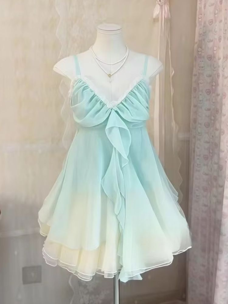 Classy Spaghetti Straps V Neck Blue Chiffon Short Homecoming Dress Birthday Dress