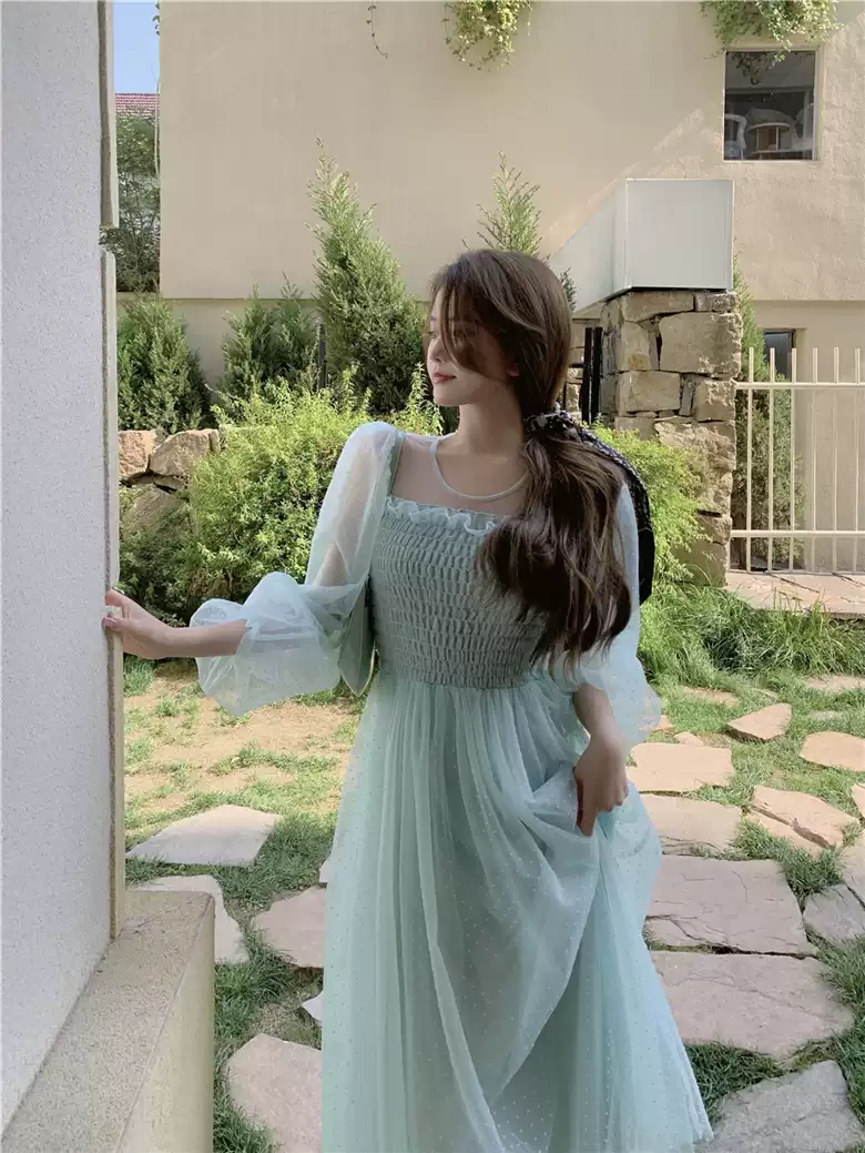 Light green skirt hollow French super fairy puff sleeve polka dot mesh dress sexy party dress