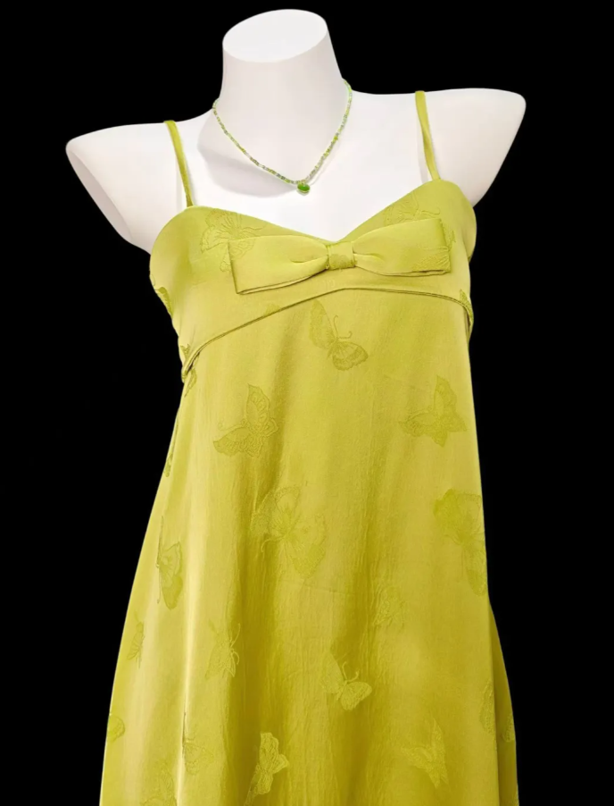 Unique Spaghetti Straps Chartreuse Green Satin Butterflies Print Long Party Dress Birthday Prom Dress