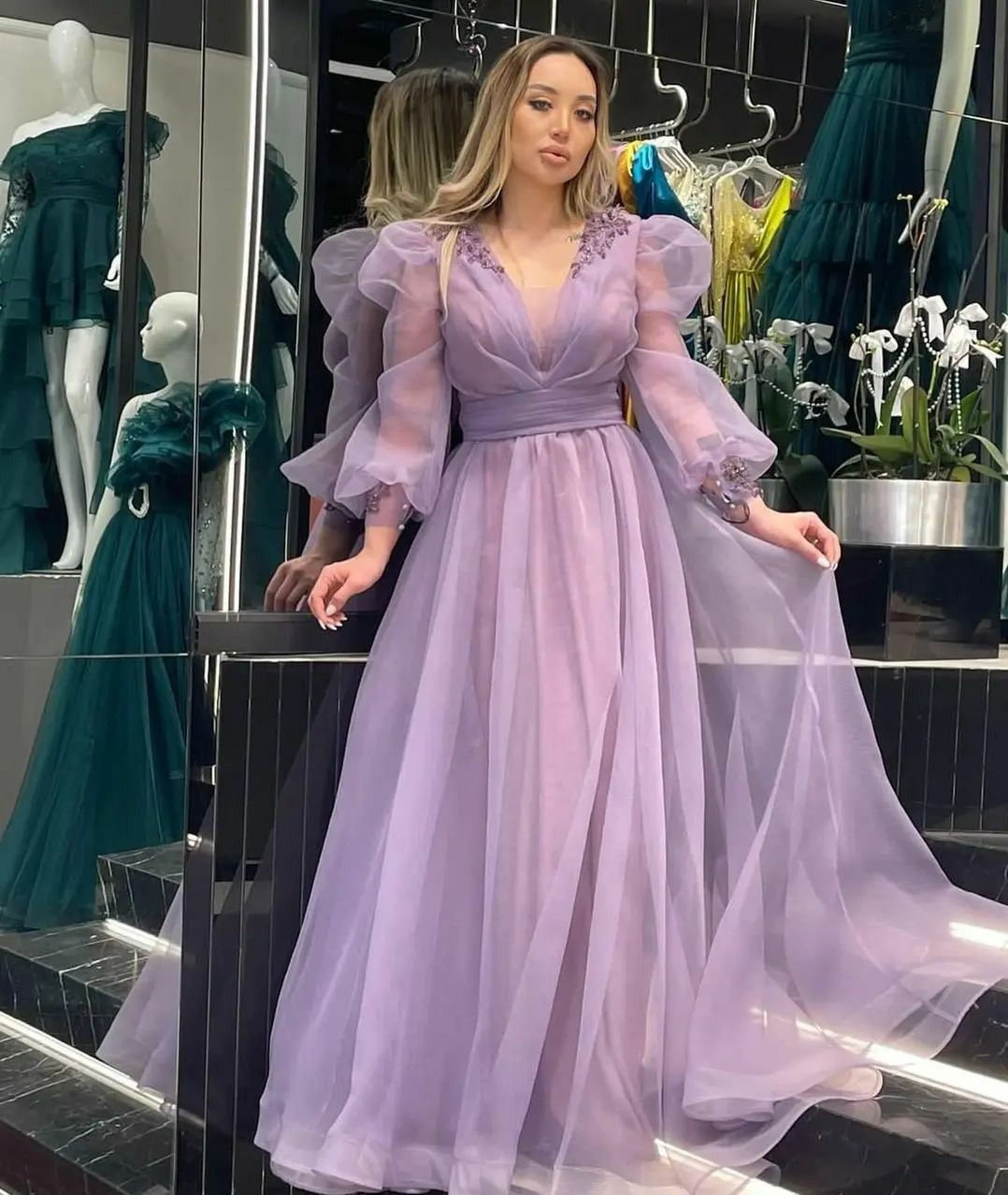 Purple A-line Tulle Beaded Evening Dress With Puff Sleeves