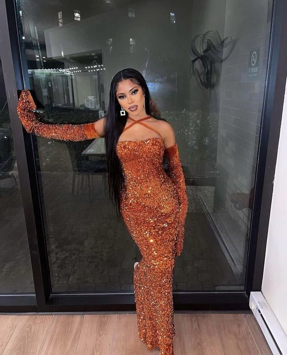 Vintage Orange Sequins Sheath Party Dress Sexy Prom Dress