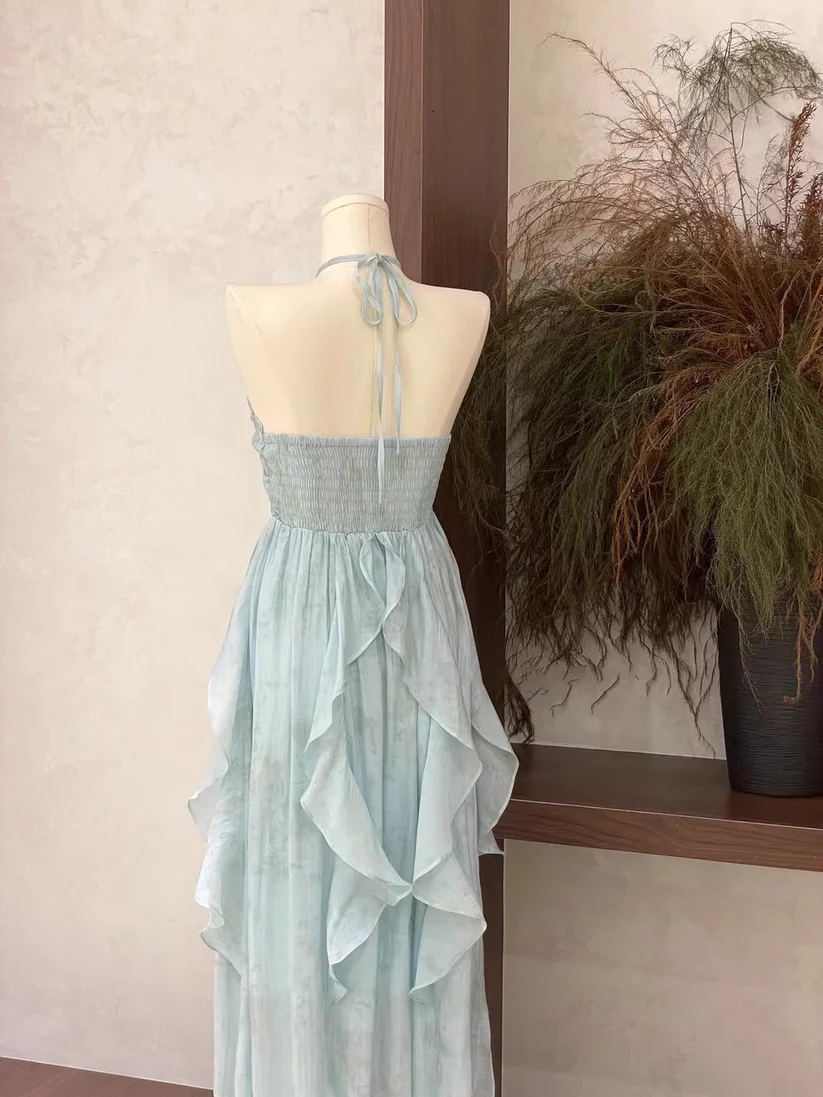 Classy Halter Chiffon Blue Party Dress Birthday Dress