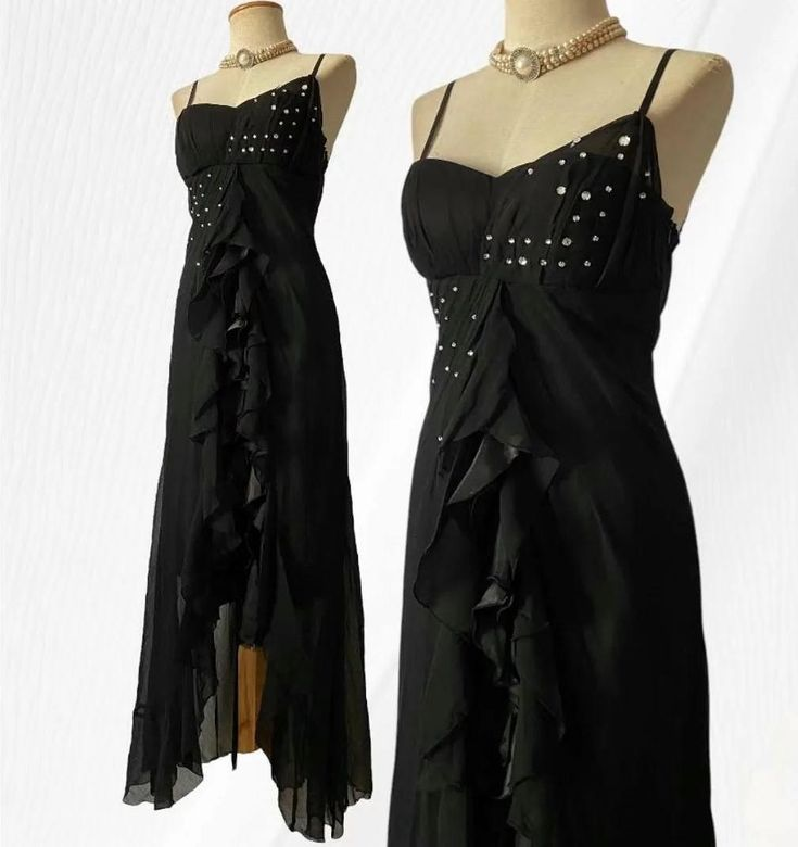 Simple Black Spaghetti Strap Mermaid Chiffon Beaded Prom Dress Evening Dress