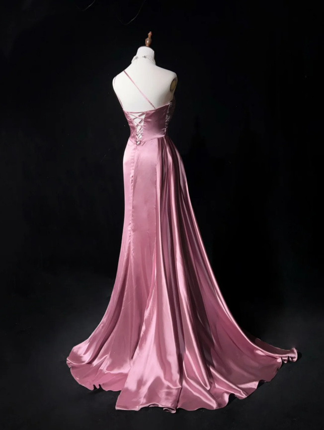 Chic One Shoulder Satin Sequin Beaded Mermaid Long Evening Dress Formal Pink Wedding Guest Dress