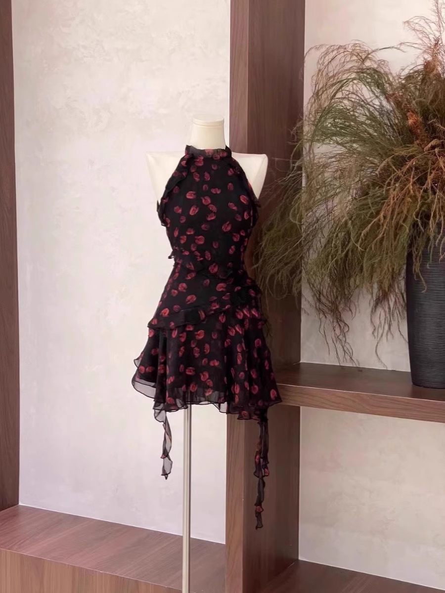 Burgundy Print Floral Chiffon Sleeves Short Holiday Dress Party Dress