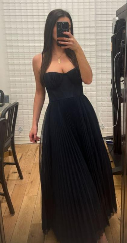 Classy Spaghetti Straps Tulle Pleated A Line Evening Dress,Black Prom Party Dress