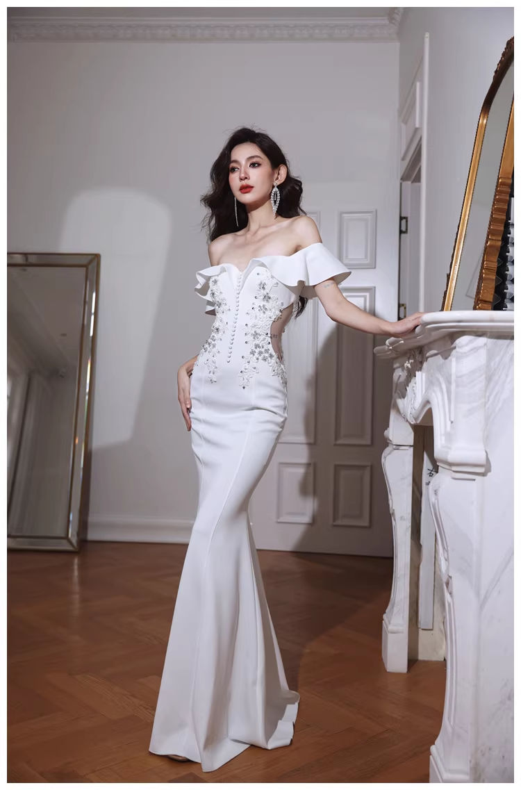 Elegant Off The Shoulder White Satin Appliques Mermaid Evening Dress Long Wedding Guest Dress