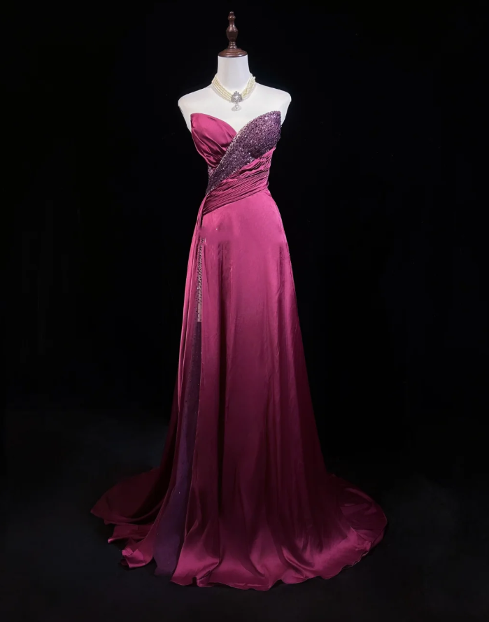 Elegant Strapless Hot Pink Satin Beaded Mermaid Long Wedding Guest Dress Formal Evening Dress