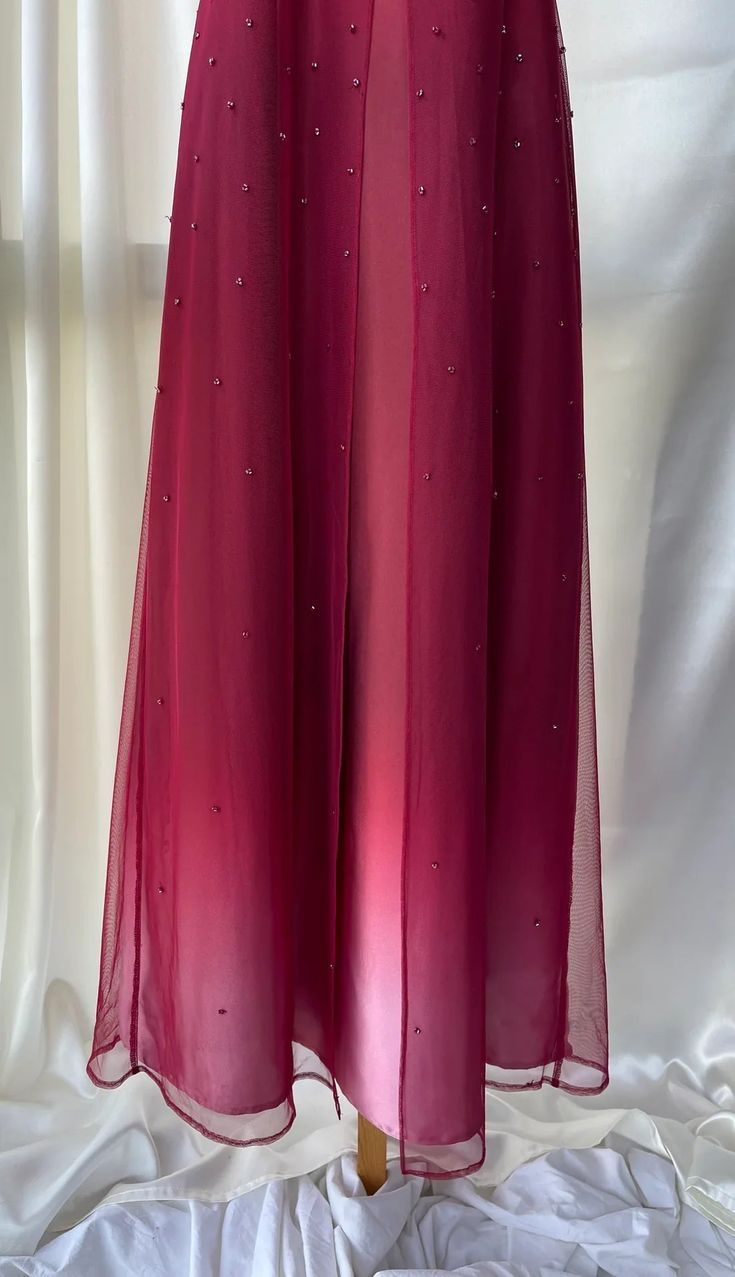 Pretty Spaghetti Straps Ombre Hot Pink Satin Beaded A Line Long Evening Dress Birthday Party Dress
