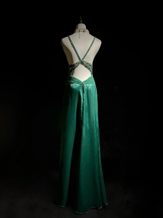 Elegant V Neck Green Satin Beaded Mermaid Long Wedding Guest Dress Formal Birthday Party Dress