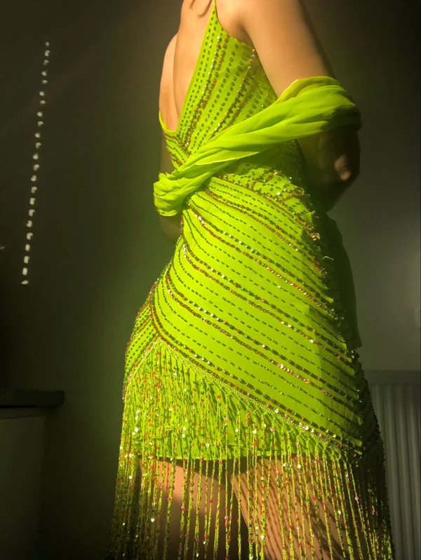 Unique Spaghetti Straps Chiffon Beaded 8th Grade Homecoming Dress Lemon Green Sheath Short Prom Dress