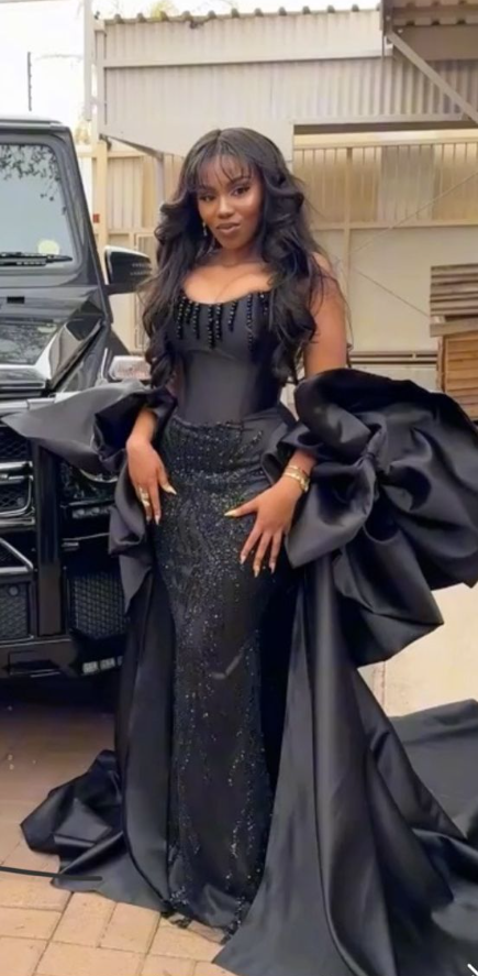 Gorgeous Black Strapless Satin Sequin Beaded Long Prom Dress Formal Birthday Party Dress