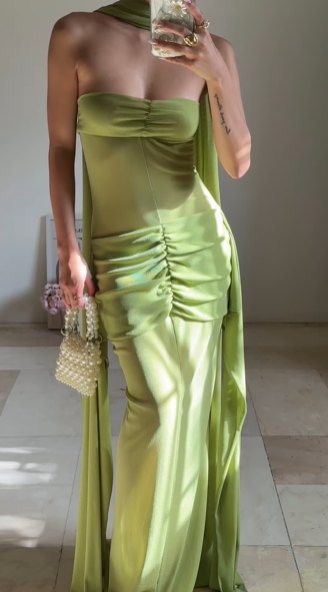 Elegant Green Strapless Ruched Party Dress,Long Prom Evening Dress