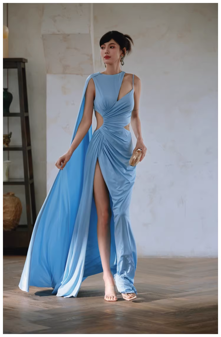 Sexy Blue Satin Slit Mermaid Long Prom Dress Evening Dresses