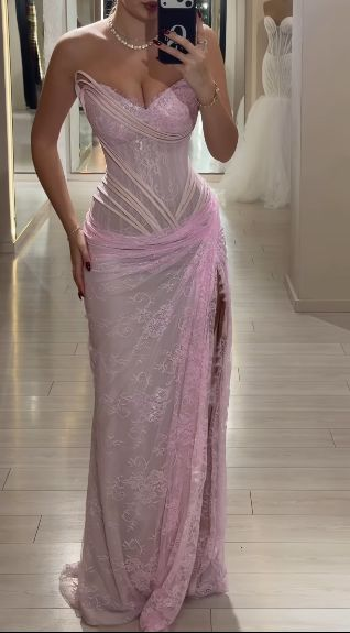 Pretty Pink Strapless Lace Pleated Mermaid High Slit Evening Dress Long Birthday Party Dress