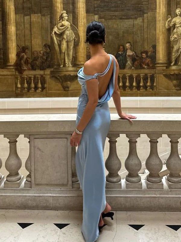 Sexy Blue Backless Evening Dress Long Satin Prom Dress