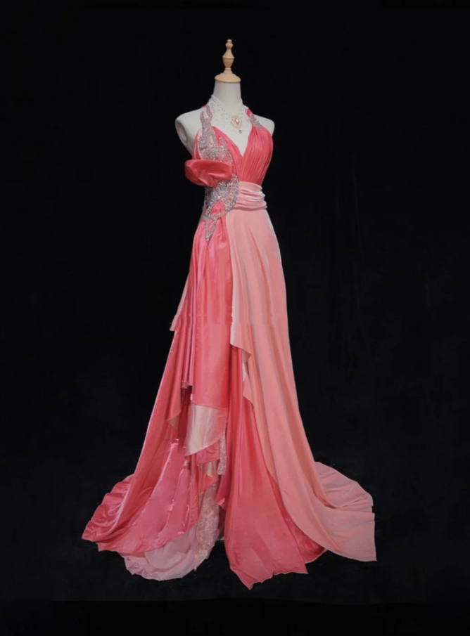 Pretty Pink Halter Satin Lace Beaded Mermaid Evening Dress Long Wedding Guest Dress