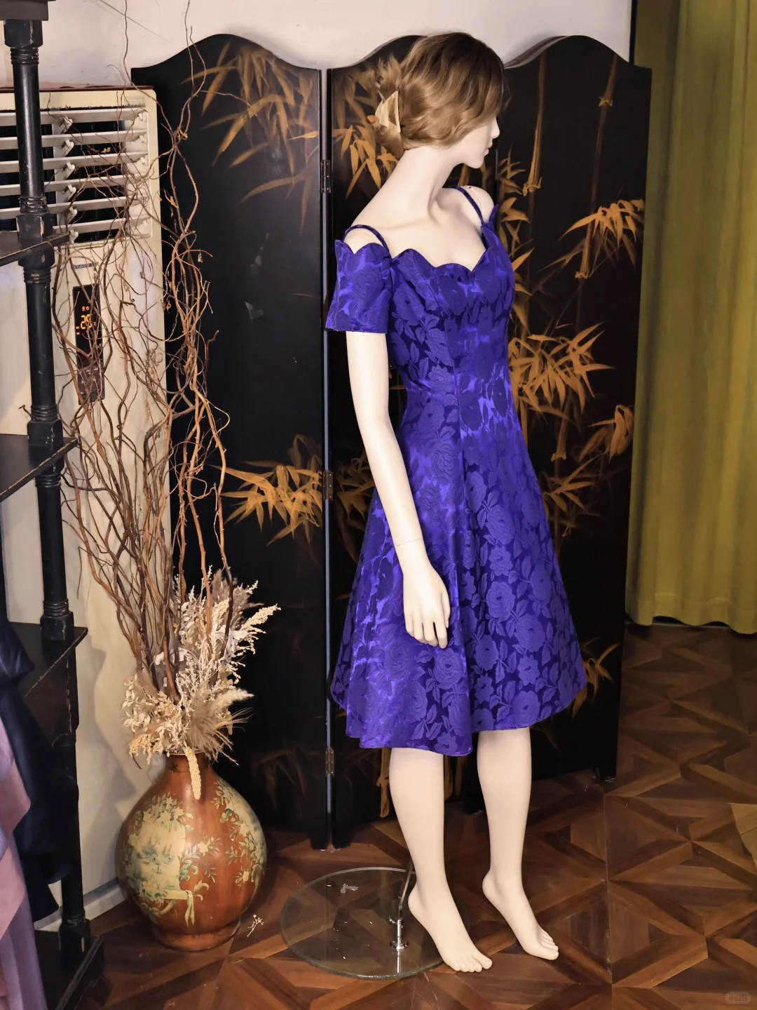 Vintage Purple Rose Floral Print A Line Homecoming Dress Off The Shoulder Mini Prom Dress