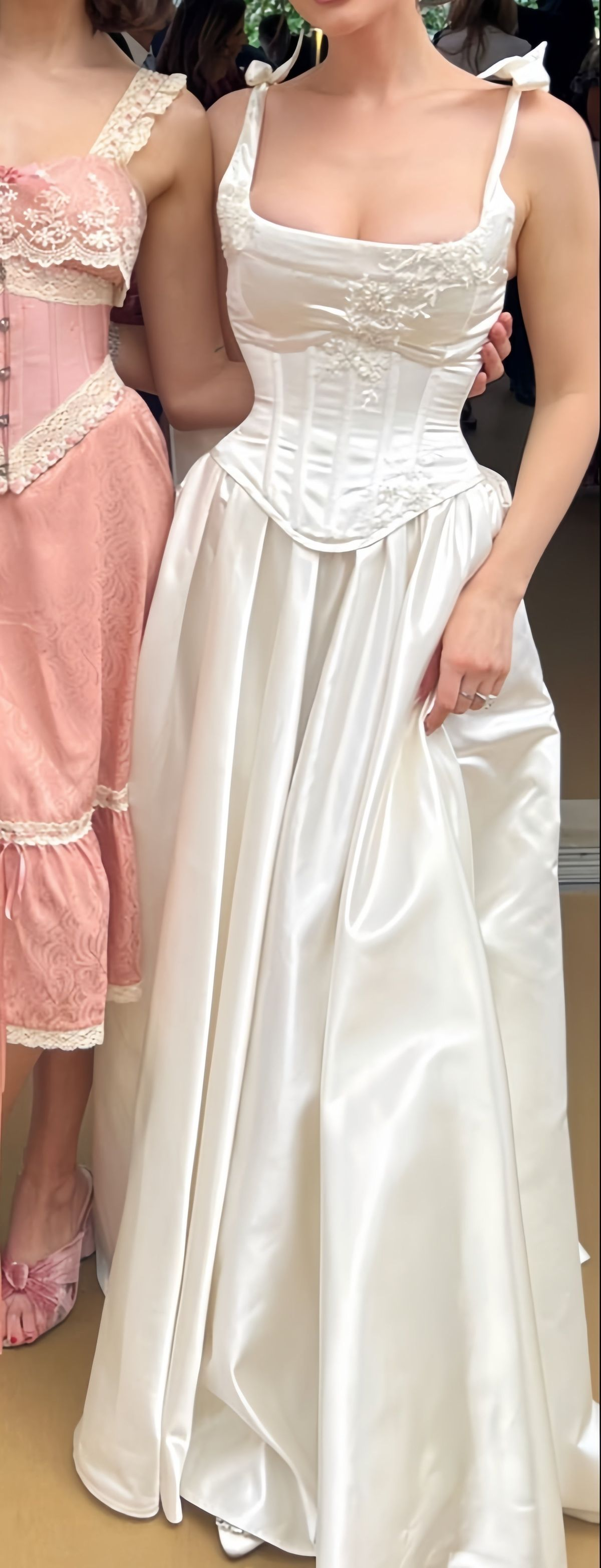 Pretty Spaghetti Straps White Satin Appliques Satin A Line Long Bridesmaid Dress Wedding Guest Dress