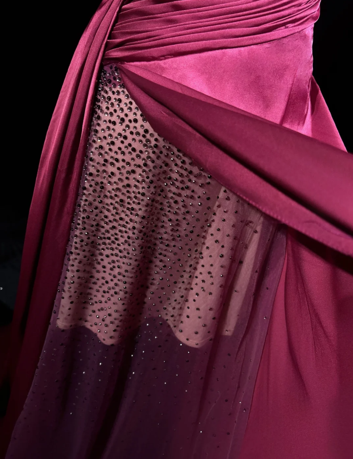 Elegant Strapless Hot Pink Satin Beaded Mermaid Long Wedding Guest Dress Formal Evening Dress