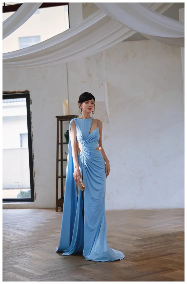 Sexy Blue Satin Slit Mermaid Long Prom Dress Evening Dresses