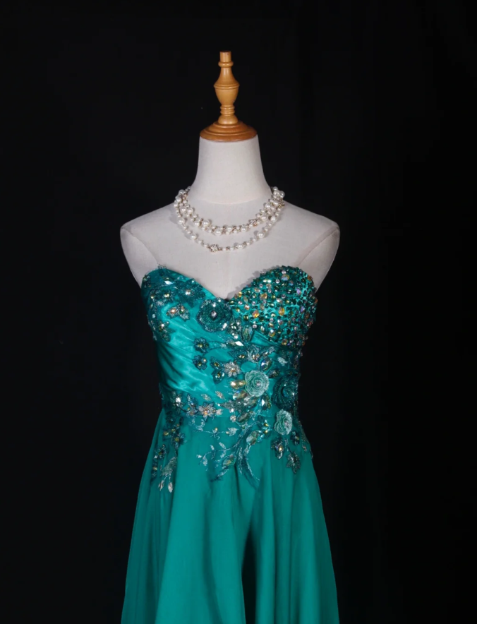 Fashion Strapless Green Satin Beaded Birthday Prom Dress Embroidery Floral Mermaid Long Evening Dress