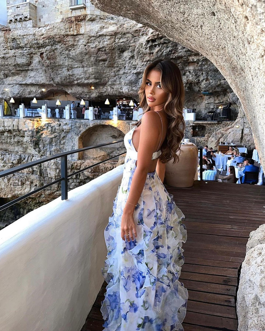 Unique Floral Ruffles Prom Dress Blue Party Evening Gown