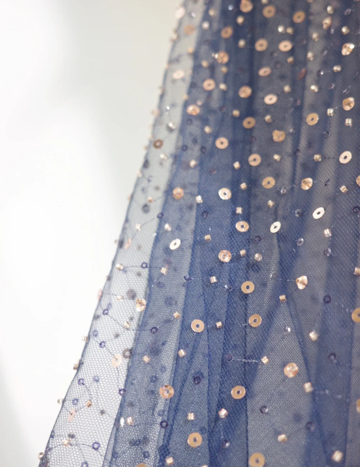 Glitter Navy Blue V Neck Tulle Sequin Beaded A Line Birthday Party Dress Long Evening Dress