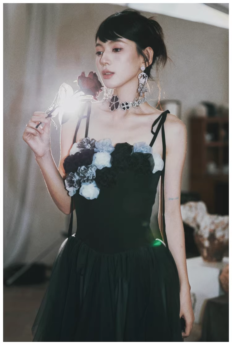 Elegant Spaghetti Straps Ombre Black Tulle Layered A Line Long Party Dress Evening Dress