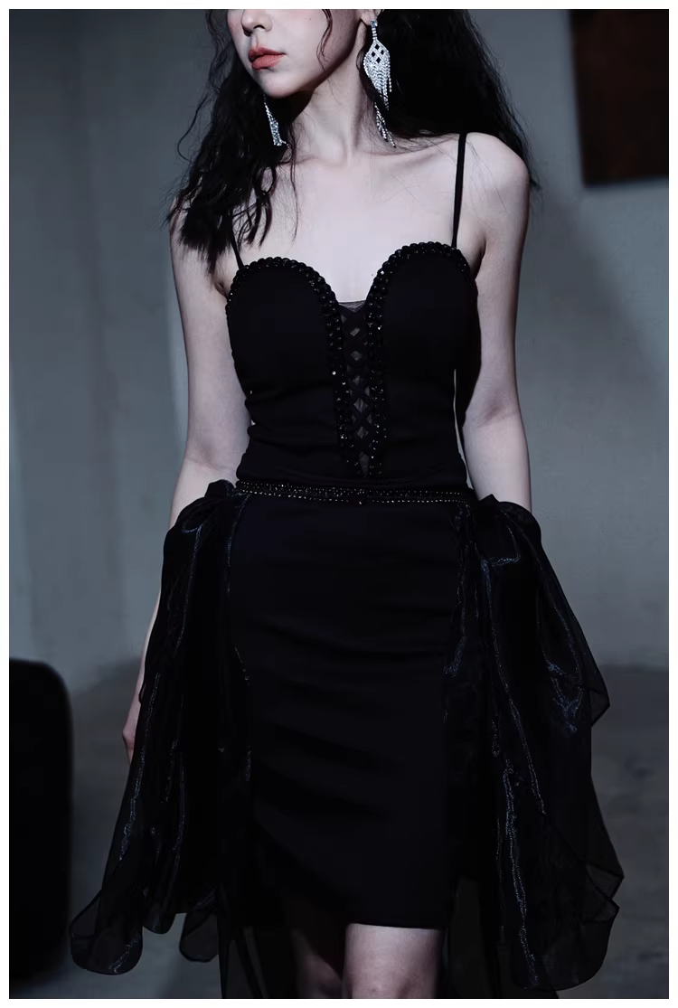 Gorgeous Black Organza Satin Beaded Long Party Dress Birthday Evening Dress