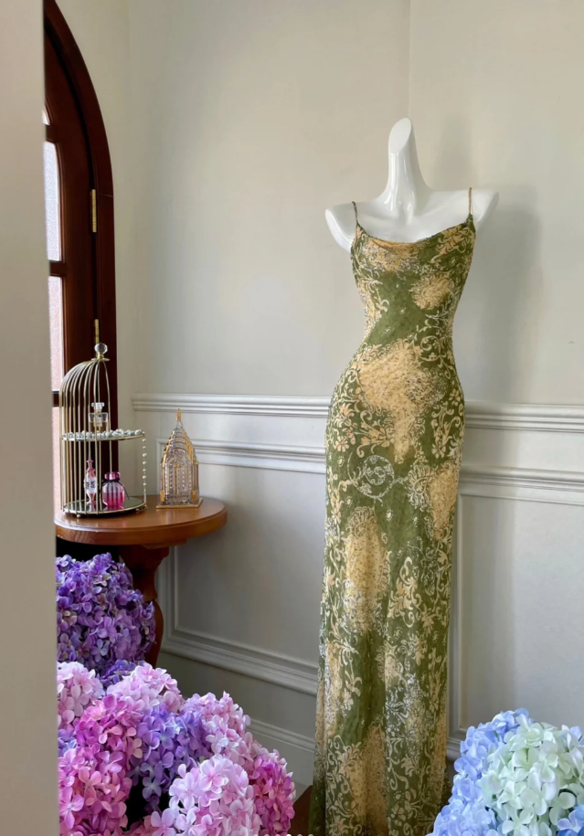 Vintage Spaghetti Straps Green Chiffon Print Floral Beaded Mermaid Evening Dress Long Party Dress