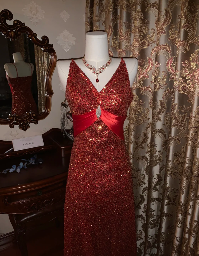 Vintage Red V Neck Sequin Beaded Mermaid Party Dress Long Evening Gown