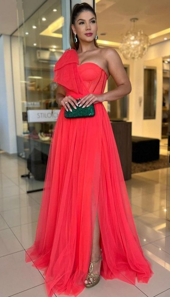 Tulle One Shoulder Long Prom Dresses with High Slit,Formal Graduation Evening Dresses