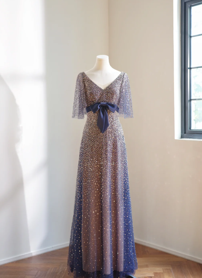 Glitter Navy Blue V Neck Tulle Sequin Beaded A Line Birthday Party Dress Long Evening Dress