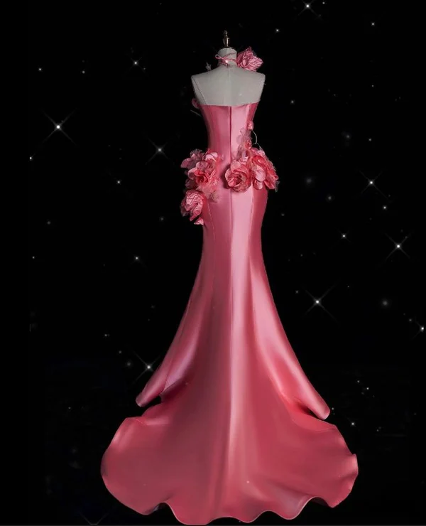 Elegant Pink Satin 3D Flowers Mermaid Evening Dress,Long Party Prom Dress