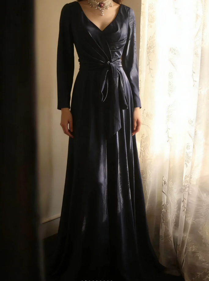 Elegant V Neck Navy Blue Satin Mermaid Long Wedding Guest Dress Formal Birthday Evening Dress
