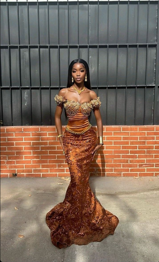 Vintage Burnt Orange Off The Shoulder Satin Beaded Mermaid Prom Dress Party Dress
