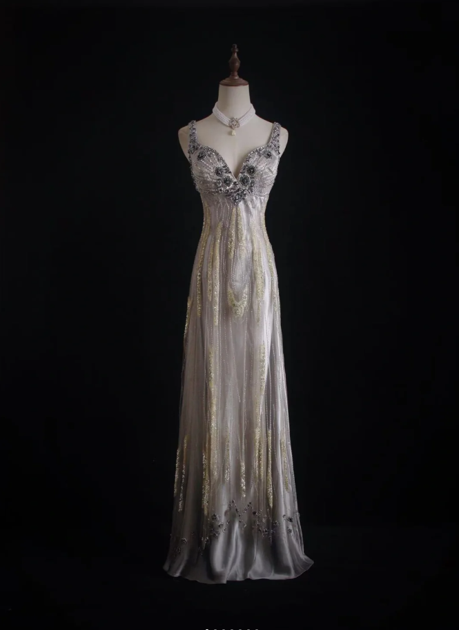 Glitter Silver Satin Sequin Beaded Mermaid Long Party Dress Formal Birthday Evening Dress
